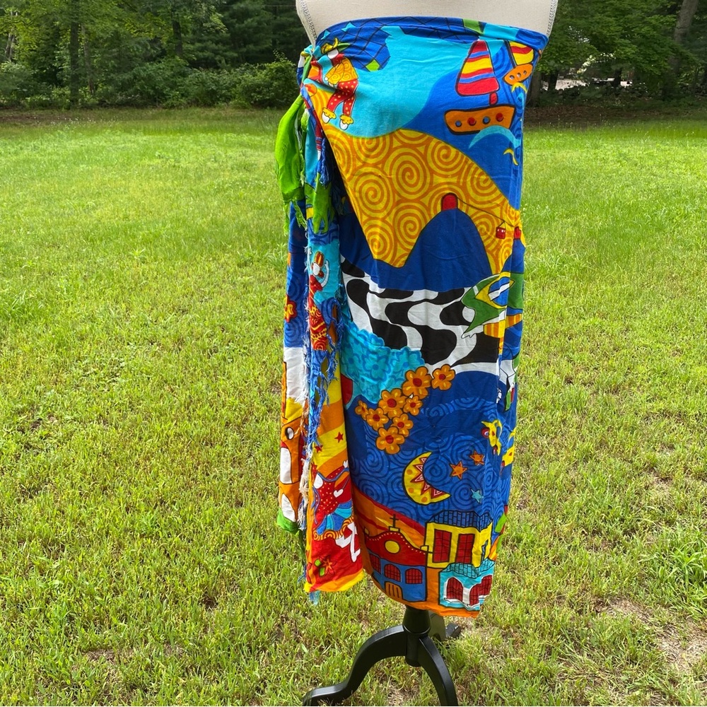 BESAKIH BALI TEMPLE MONICA FUCHSHUBER WRAP SARONG SCARF BLUE ORANGE BEACH LARGE